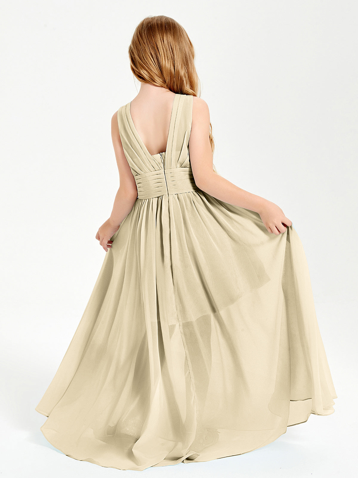 Long V-neck Junior Bridesmaid Dresses Champagne